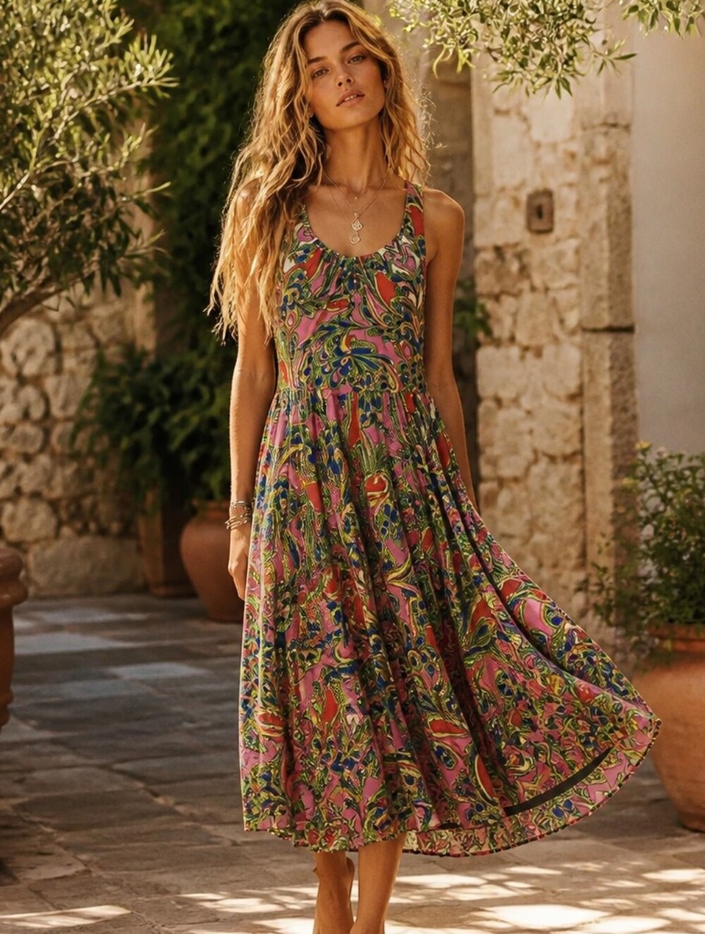 Anthropologie | Dresses | Anthropologie Pink And Green Paisley Scoopneck Midi Dress
